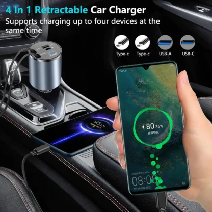 4 in 1 Car Charger 31.5" Retractable Cable 100W Super Fast USB C Car Charger Dual USB Ports Voltage Display For iPhone Samsung - Image 6
