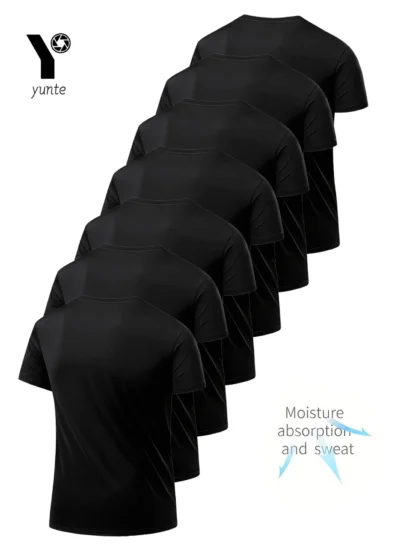 Round Neck T-Shirt 7-Piece Black Ultra-Light Men's Quick-Drying Breathable Sweat-Absorbent Shirt Suitable for Fitness Gym and Ru - Image 2