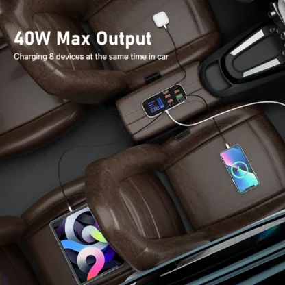 40W 8 Ports USB Car Charger QC3.0 PD Type C Fast Phone Charger with LED Display Multi USB Charger for iPhone 14 Android Samsung - Image 4