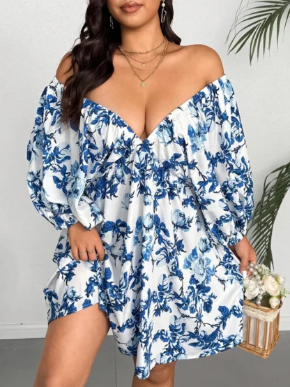 Plus Size V-Neck Romantic Floral Print Resort Dress with Small Flowers Elegant Suitable for Travel - Image 9