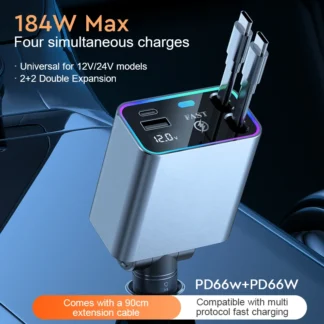 4 in 1 184W Car Charger Retractable PD66W Car Cigarette Lighter Adapter USB Type C Fast Charger Cable For IPhone Xiaomi Samsung