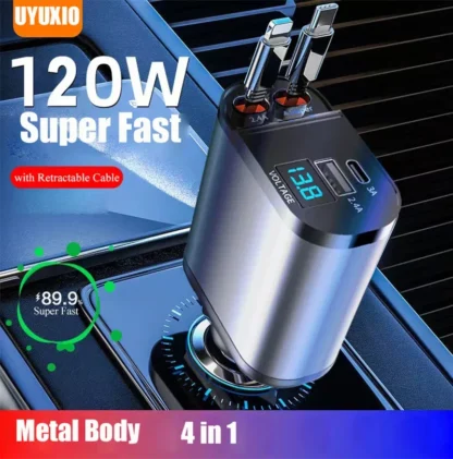 120W Retractable Car Charger 4 in 1 with Voltage Display Super Fast Car Charge Retractable Cord 2.6 Ft for iPhone OPPO Samsung - Image 8