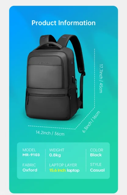 MarkRyden Fady: Expandable Lightweight USB Charging Laptop Backpack with Anti-theft Backpack Men Backpack Black Backpack - Image 9
