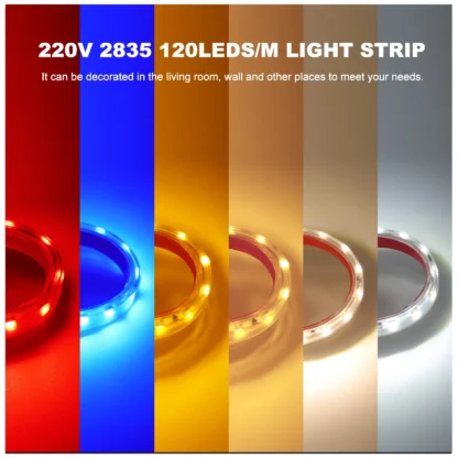 AC220V LED Strip Lights EU UK Plug SMD2835 120LEDs/m Waterproof Lamp With Adhesive Tape Warm/Natural/Cool White Red Blue Yellow - Image 16