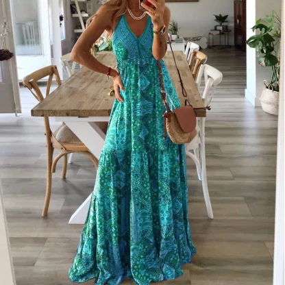 Plus-size Europe and the United States cross-border  new slip long skirt high-waisted V-neck printed floral dress - Image 4