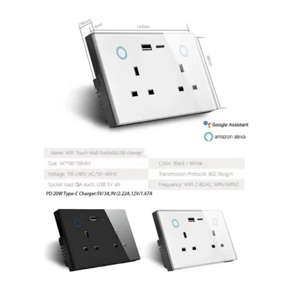 Shawader Zigbee Smart Tuya USB PD 20W Type C Charge Wall Socket UK Plug Outlet Touch Switch Wireless Remote by Alexa Google Home - Image 16