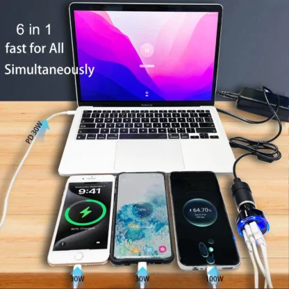 UYUXIO Multi Port USB C Car Charger Adapter with Voltage Display PD 30W Super Fast Charging 6 in 1 for MacBook iPhone Samsung - Image 9