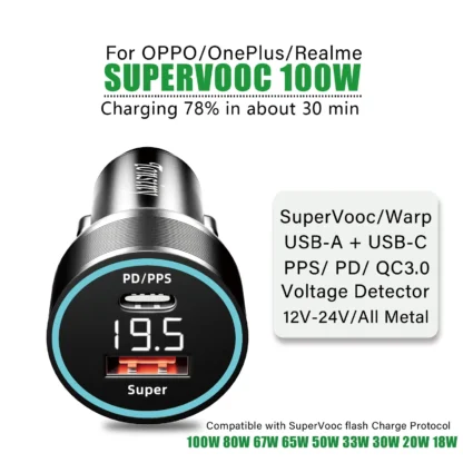 For OPPO car charger SuperVooc 100W, Cigarette Lighter plug for OPPO Find X7 Reno8,12V Usb for realme oneplus charger warp 80w - Image 10