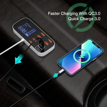 40W 8 Ports USB Car Charger QC3.0 PD Type C Fast Phone Charger with LED Display Multi USB Charger for iPhone 14 Android Samsung - Image 3