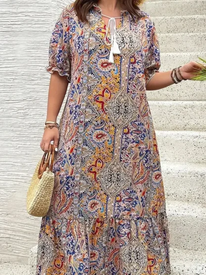 【Plus Size】 Paisley Print Round Neck Dress, Boho Fashion Casual Short Sleeve Long Dress for Daily Holiday Vacation Wear, Women P - Image 4