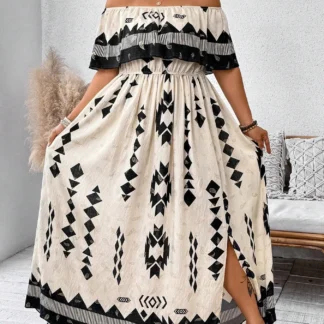 【Plus Size】 Patchwork Print Off Shoulder Dress, Casual Fashion Long Sleeve Dress for Daily Outdoor Wear, Women Plus Clothing for