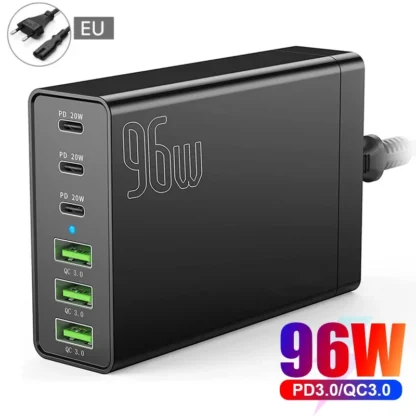 96W 6-Ports Desktop USB Charging Station with 3 USB-C Ports and 3 QC3.0 Ports, PD 20W Fast Charger for iPhone 13 iPad Samsung - Image 8