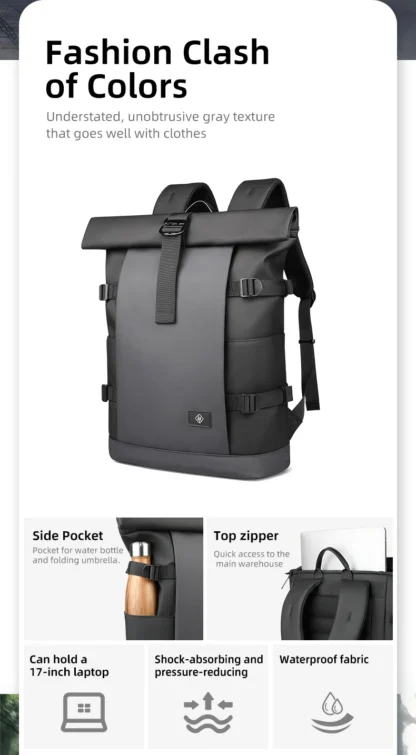 HK Waterproof Roll-Top Backpack for Men Large Capacity Expandable 17 Inch Laptop Bag Leisure Travel Backpack Hiking Camping Bags - Image 10