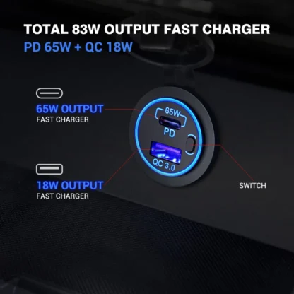 83W Laptop Car Charger Socket 12V USB Outlet 65W PD USB-C Car Charger and 18W QC3.0 USB with Power Switch Waterproof for RV Car - Image 11