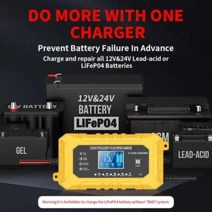 UK Plug Smart Car Battery Charger 12V15A/24V8A LCD Display Pulse Repair for AGM Gel Wet Lead Acid Lithium Batteries - Image 5