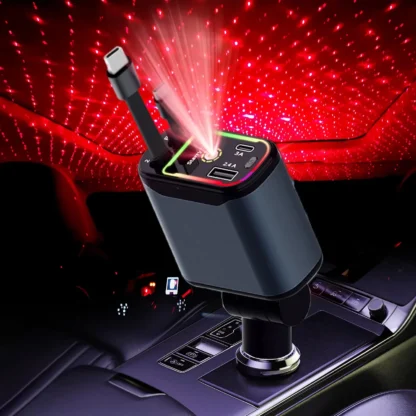 4-in-1 Retractable Car Charger, 66 Watt Fast Charging with Ambient Lighting + Red Star Top Firing Light with 2 USB Port Plugs, - Image 7