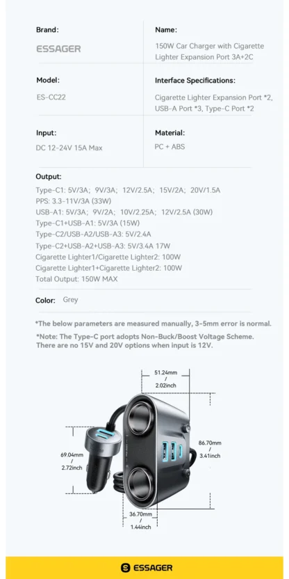 Essager 150W USB C Car Charger 2 in 1 100W Dual Cigarette Lighter Splitter 5 Ports QC 3.0 PD 3.0 Fast Charging For Mobile Phone - Image 19