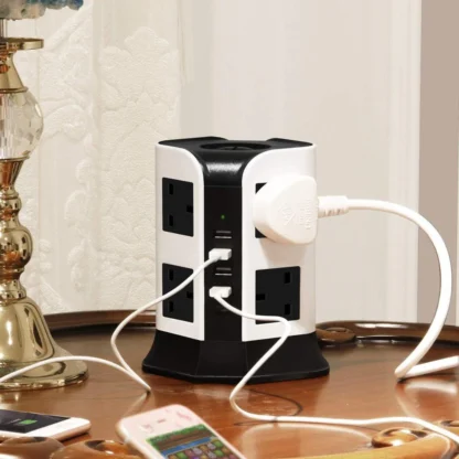 UK Plug Vertical Power Strip British Extension Surge Protectors Tower 8 Outlet 4USB Sockets 2.1A Charge Port 6.5ft Cord 2m Cable - Image 9