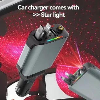 Retractable Car Charger With Starlight, 4 In 1 USB C For IPhone And Android Car Charger Fast Charging,