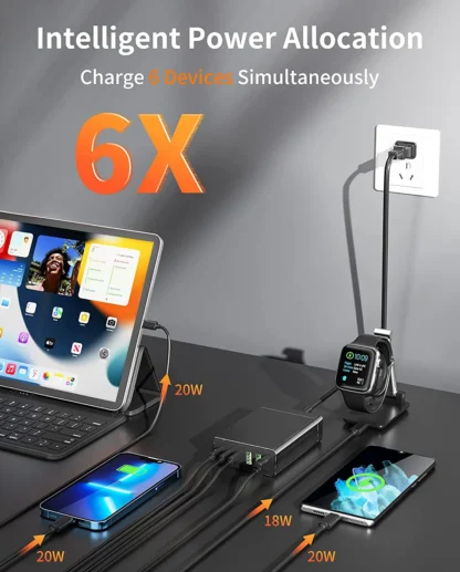96W 6-Ports Desktop USB Charging Station with 3 USB-C Ports and 3 QC3.0 Ports, PD 20W Fast Charger for iPhone 13 iPad Samsung - Image 10