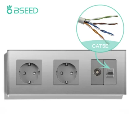 BSEED Single TV CAT5 Internet Socket Double EU Power Socket Triple Germany  With RJ45 Television Wall Sockets Glass Frame - Image 22
