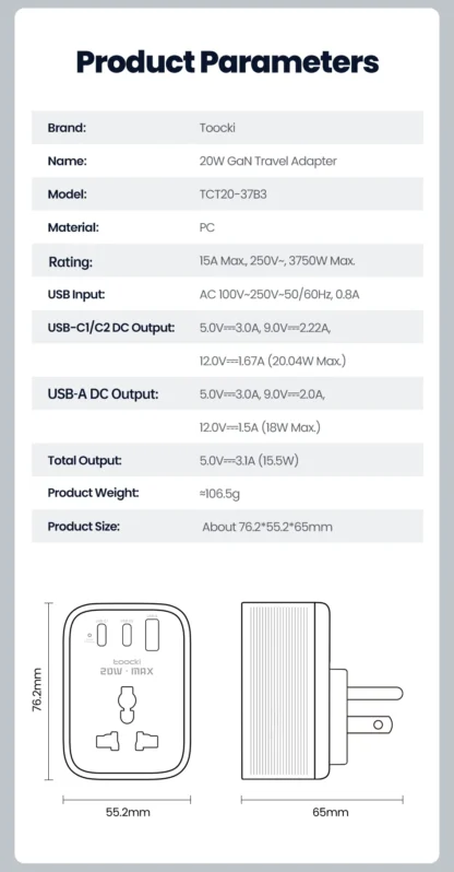 Toocki 20W Fast Charging Travel Adapter 4-in-1 Universal AC Outlet GaN USB Charger Multi Socket DE UK US IN Plug For Home Travel - Image 25