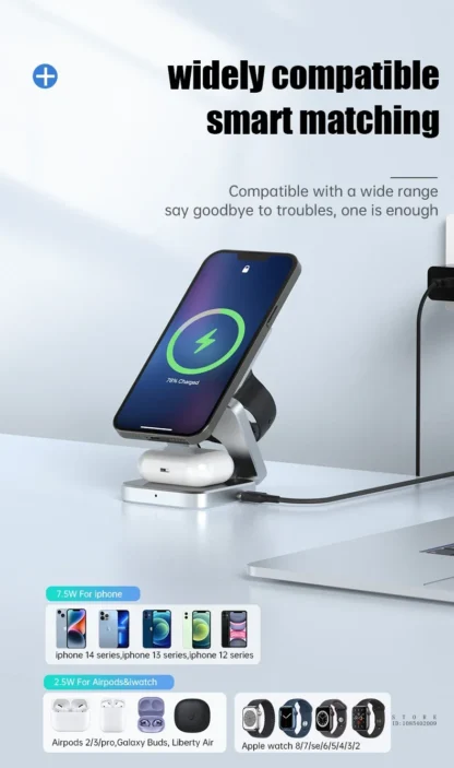 Travel Magnetic Wireless Charging Station 3 in 1 for IPhone 15 14 13 12 Pro/Max,Apple Watch 8, AirPods 3/2,Foldable Phone Hold - Image 12