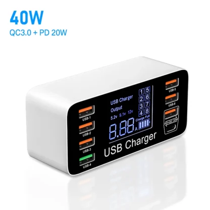 60W 8 Ports USB Phone Charger QC3.0 PD Type C USB C Fast Charger Quick Charge 3.0 Smart LED Display Charging Station Adapter - Image 8