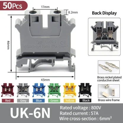 High Quality UK Terminals Screw Clamp Connector for Wiring,Brass DIN Rail Connector, UK1.5N/2.5B/3N/5N/6N/10N/16N/25N/35N/50N - Image 14