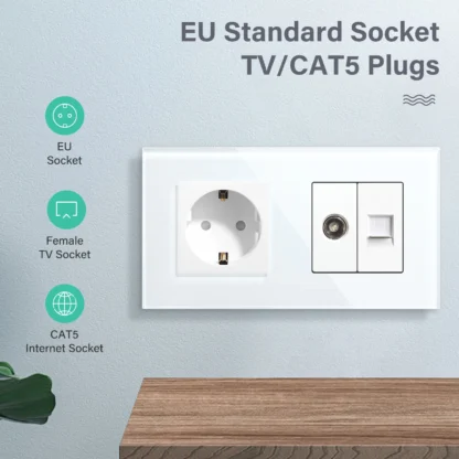 BSEED Single TV CAT5 Internet Socket Double EU Power Socket Triple Germany  With RJ45 Television Wall Sockets Glass Frame - Image 2