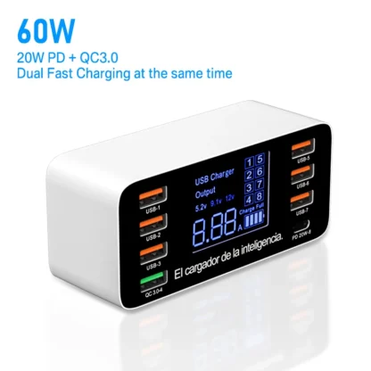 60W 8 Ports USB Phone Charger QC3.0 PD Type C USB C Fast Charger Quick Charge 3.0 Smart LED Display Charging Station Adapter - Image 7