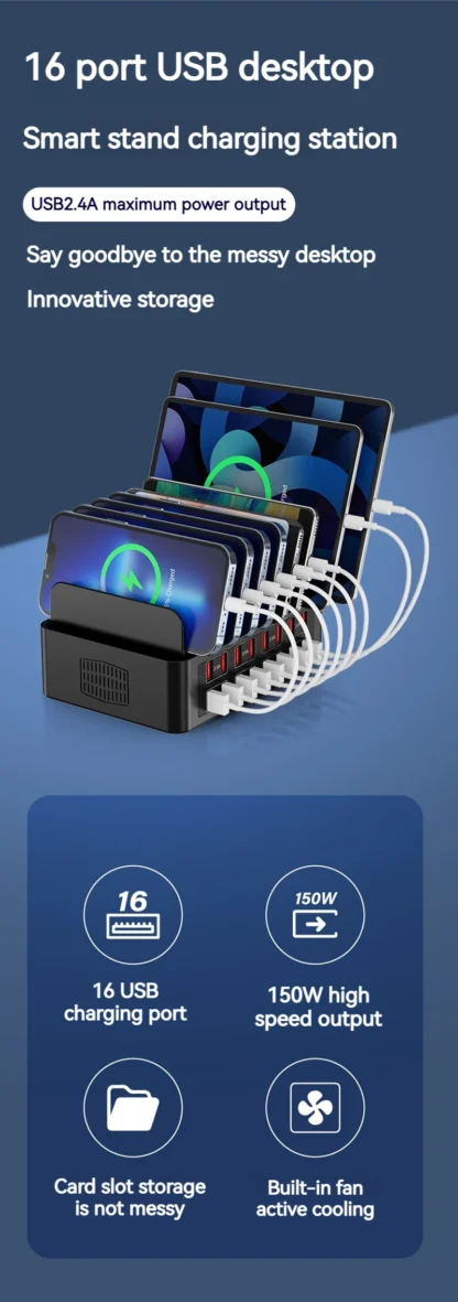 ASENGRY 150W Universal Multi USB Charger 16 Port USB Charging Station Tablet Stand For Ipad Iphone 15 14 13 Pro Max Samsung S24 - Image 11
