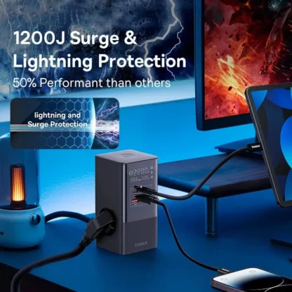 Baseus 35W Fast Charger 7 in 1 Power Strip Desktop Charging Station With 1200J Surge Protector Digital Display For iPhone Xiaomi - Image 6