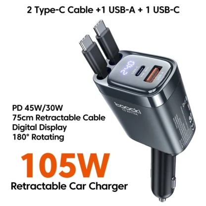 Toocki 105W USB C Car Charger with Dual Retractable Type-C Cable Digital Display 180° Design Fast Charge for iPhone 16 Huawei - Image 7