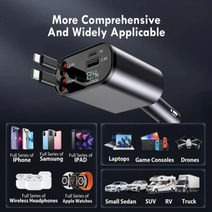 4 in 1 120W Car Charger Retractable Car Cigarette Lighter Adapter USB Type C Fast Charger Cable For IPhone Xiaomi Huawei Samsung - Image 11