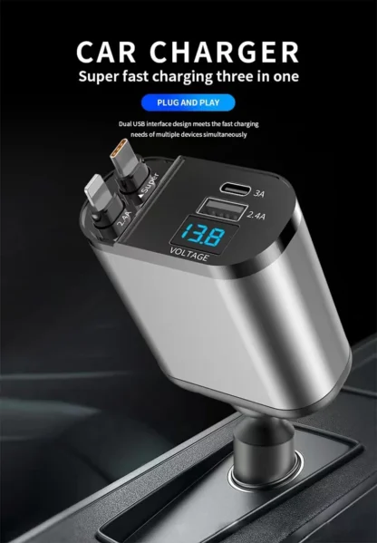 120W Retractable Car Charger 4 in 1 with Voltage Display Super Fast Car Charge Retractable Cord 2.6 Ft for iPhone OPPO Samsung - Image 9