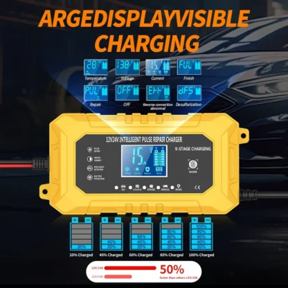 UK Plug Smart Car Battery Charger 12V15A/24V8A LCD Display Pulse Repair for AGM Gel Wet Lead Acid Lithium Batteries - Image 4