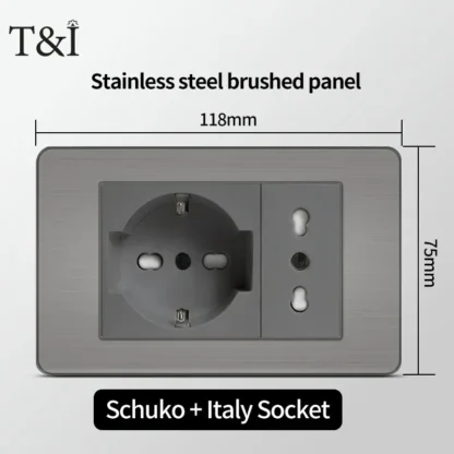 118 US Mexico Grey Stainless Steel Brushed 2way Electrical Light Switch Home Wall Socket Plug Double USB Type-C Power Outlet - Image 7