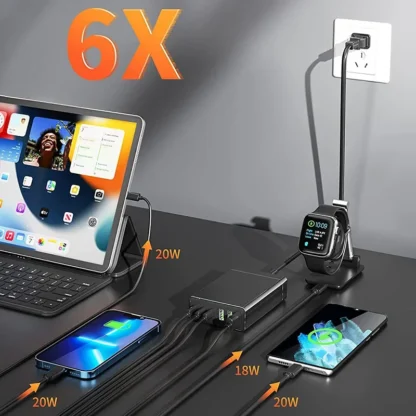 96W 6-Ports Desktop USB Charging Station with 3 USB-C Ports and 3 QC3.0 Ports, PD 20W Fast Charger for iPhone 13 iPad Samsung - Image 4