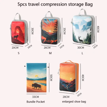 5pcs tropical printed compressed lightweight travel clothing storage bag suit, space-saving travel necessities accessories - Image 2