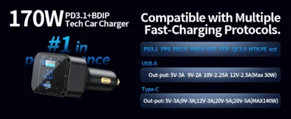170W PD3.1 Car Charger with LED Display, USB-C Stable Fast Charging (140W+30W) for iPhone 16 Pro Max/Samsung S25 Ultra - Image 7