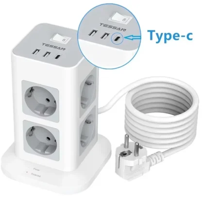 TESSAN Tower Power Strip Multi Outlets with USB A +1 Type C 2M Extension Cable EU Plug Vertical Electric Socket Surge Protection - Image 7