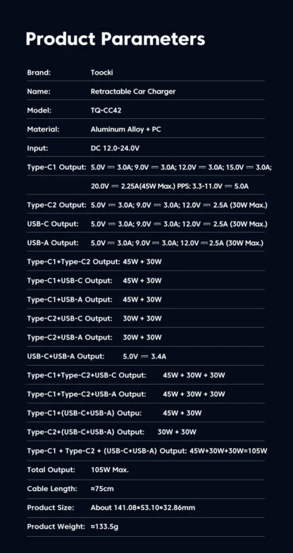 Toocki 105W USB C Car Charger with Dual Retractable Type-C Cable Digital Display 180° Design Fast Charge for iPhone 16 Huawei - Image 23