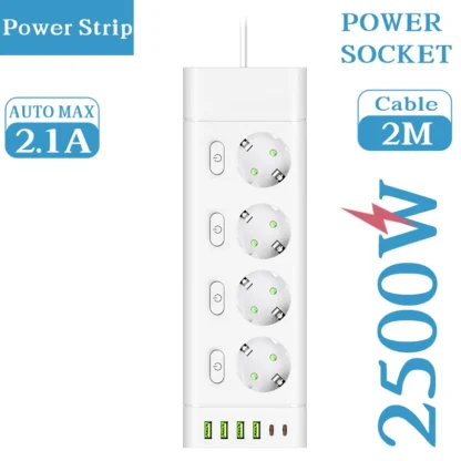 EU Plug Power Strip Multiple Independent Control Outlet Sockets 2m Extension Cord Electrical Socket with 4 USB 2 Type-C Ports - Image 11