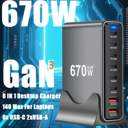 670W GaN Charger 6 In 1 Desktop Charging Station 140W PD3.1 PD USB Charger For MacBook iPhone Samsung Huawei Xiaomi Fast Charger