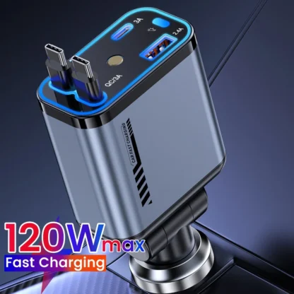 120W Retractable Car Charger Fast Charging USB Type C Car Phone Charger Adapter With USBC Cable For Iphone Xiaomi Huawei Samsung - Image 2