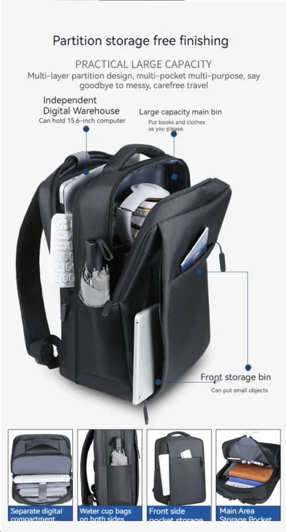 Rilibegan Laptop Men Backpack External USB Charging Travel Men Backpack Nylon School Bag Double Layer Quality Business Backpack - Image 14