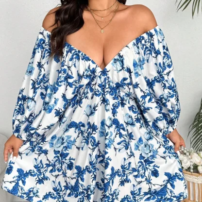 Plus Size V-Neck Romantic Floral Print Resort Dress with Small Flowers Elegant Suitable for Travel - Image 11
