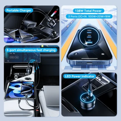 138W Car Charger USB Type C Dual Port USB Phone Fast Charger PD Fast Charging for IPhone 14 Samsung Xiaomi  IPad Laptops Tablets - Image 2
