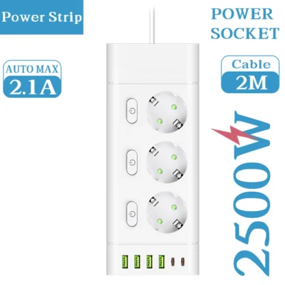 EU Plug Power Strip Multiple Independent Control Outlet Sockets 2m Extension Cord Electrical Socket with 4 USB 2 Type-C Ports - Image 13